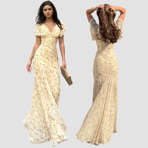 Vestido Casual de Verano con Cuello en V y Estampado Floral Pequeño, Vestido Largo Ajustado con Cola de Pez Irregular - Product Image 1