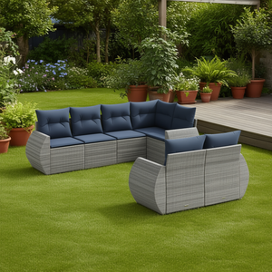 Ensemble de canapés de jardin en polyrotin gris, 7 pièces, avec coussins, meubles d'extérieur, design contemporain - Product Image 2