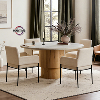 Table à manger ronde avec plateau en marbre naturel et base en bois massif, lignes épurées et contraste de matériaux organiques, Mesa De Comedor