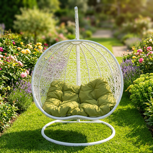 Modern White Wicker Hanging Egg Chair with Green <b>Cushion</b> and Metal Stand for Outdoor Patio and <b>Garden</b> - Product Image 3