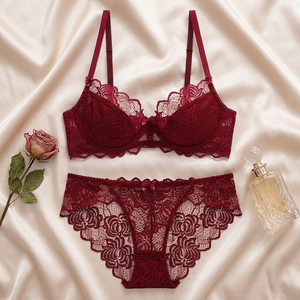 Conjunto de Lencería Romántica Roja con Encaje, Sujetador con Aros y Tanga, Copa 3/4, Tirantes Ajustables, Cómodo - Product Image 2