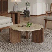 2025 Table basse moderne en bois massif avec dessus en travertin coin rond Design ensemble de meubles de salon meubles de maison Table d'appoint