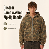 IKDEER Sweat à capuche zippé personnalisé en camouflage intégral, délavé, avec ourlet et poignets bruts, coupe oversize et carrée, vêtement d'extérieur décontracté pour homme