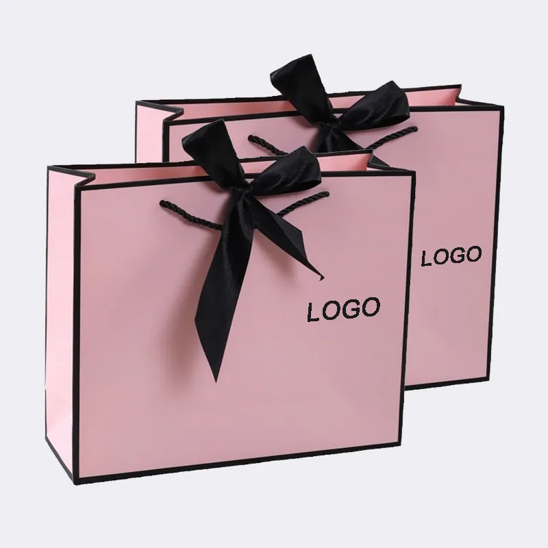 Sacolas de papel para compras personalizadas, sacolas de papel para presente de aniversário com logotipo impresso para boutique, sacolas de papel brancas e rosa
