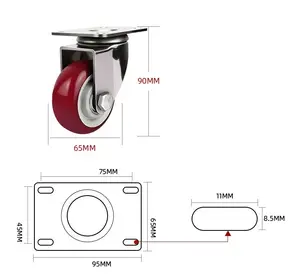 Döner kırmızı PU tekeri 2.5 inç 65mm paslanmaz çelik endüstriyel castor tekerlek