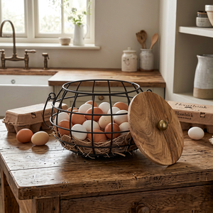 Panier de rangement rond en métal rustique avec couvercle pour cuisine, conteneur alimentaire, design en fer soudé, capacité 20-35L - Product Image 1