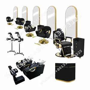 2021 5 Seats Barber Styling Store Gold Black Modern Salon Set Cheap Furniture Package Custom Trolley Station Desk