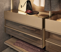 Système de dressing modulaire avec éclairage LED, armoire ouverte, tiroirs en aluminium et étagères en verre