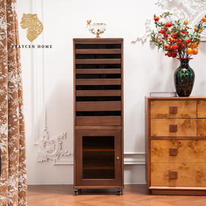 <span class=keywords><strong>Armoire</strong></span> de rangement étroite et haute en bois massif vintage avec roulettes et porte <span class=keywords><strong>vitrée</strong></span>, finition noyer, meuble à chaussures mobile pour la maison ou le bureau - Product Image 1