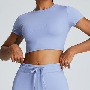 Haute qualité respirant doux couleur unie vêtements <span class=keywords><strong>de</strong></span> sport haut court pour les femmes Gym Yoga Tennis Football basket-ball T-shirt vêtements <span class=keywords><strong>de</strong></span> sport - Product Image 4