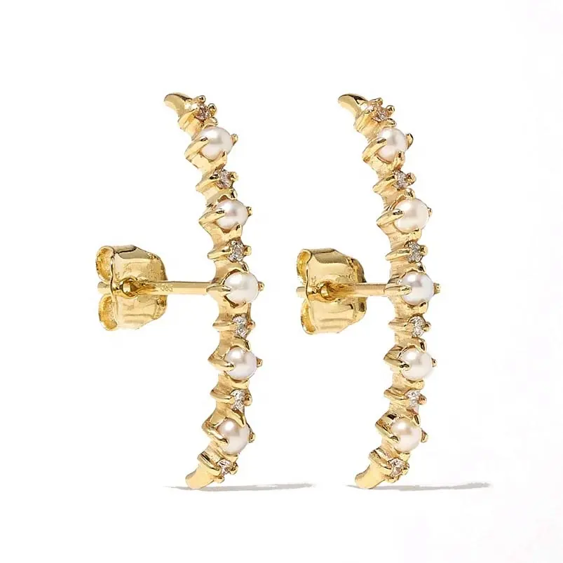 Gemnel boucle d'oreille en argent 925 pour femmes, forme incurvée, diamants et perles dans un motif alterné