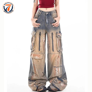 Calças Cargo Unissex Personalizadas em <span class=keywords><strong>Jeans</strong></span> Vintage Desgastado com Estampa Tie-Dye e Múltiplos Bolsos com Zíper - Product Image 2