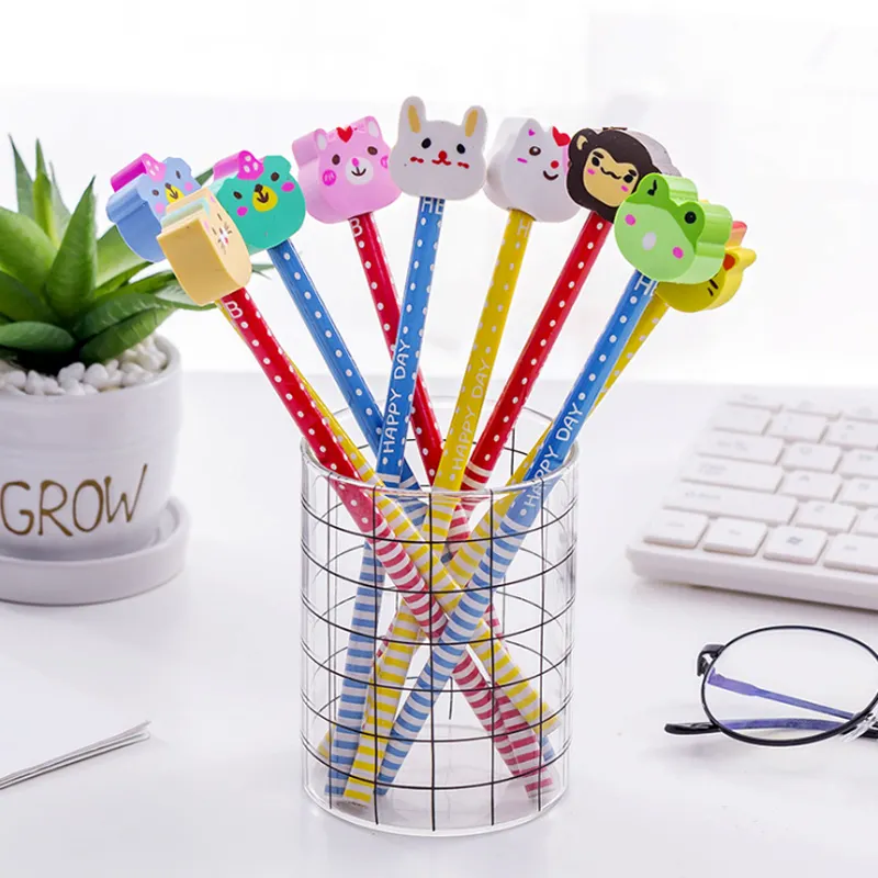 3pcs/pack Cartoon animal head Non-toxic wooden pencils for school students writing prize HB for drawing