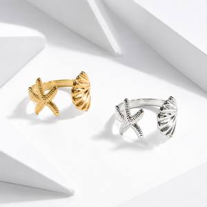 Stainless Steel Starfish Shell <b>Adjustable</b> <b>Ring</b> 14K Gold Vacuum Plated Gold and Silver Color Motif Jewelry - Product Image 1