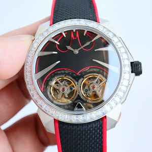 Montre pour homme de haute qualité avec boîtier en argent, double tourbillon, lunette sertie de diamants, bracelet rouge et noir, cadran creux mécanique, montre-bracelet automatique - Product Image 1
