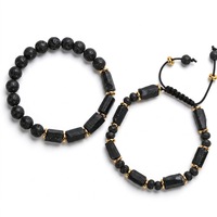Bracelet en acier inoxydable avec perles rectangulaires en obsidienne noire et pierres de lave, anti-anxiété et protecteur