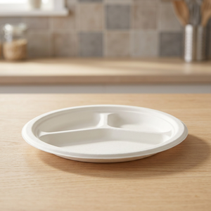Bandeja para Comida Biodegradable y Compostable de Taiwán, 9 Pulgadas -3 Com, Libre de PFAS, D226xH19.6mm, 15g, Fabricada en Fábrica, 100% Biodegradable - Product Image 3