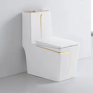 Vierkante Moderne Wit Goudkleurige Sifon Flush Water Kast Commode Keramische Badkamer Een Stuk Wc Toiletpot