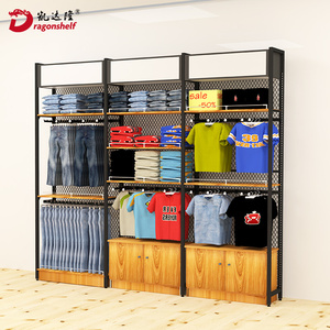 Dragonshelf Iron Wood Shelf Four-column Reticulated Backplane Steel-wood Single-side Rack <strong>Modern</strong> <strong>Shelves</strong> for Clothing Store - Product Image 3