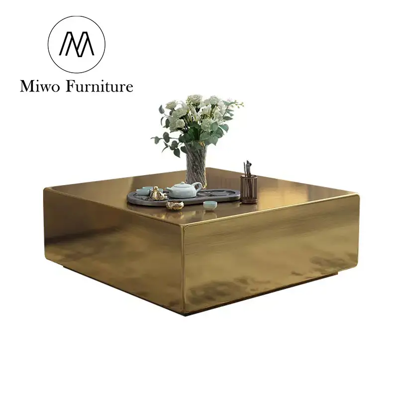 Mesa de centro de acero inoxidable cuadrada y dorada de lujo, estilo moderno y duradero, fabricante de fábrica