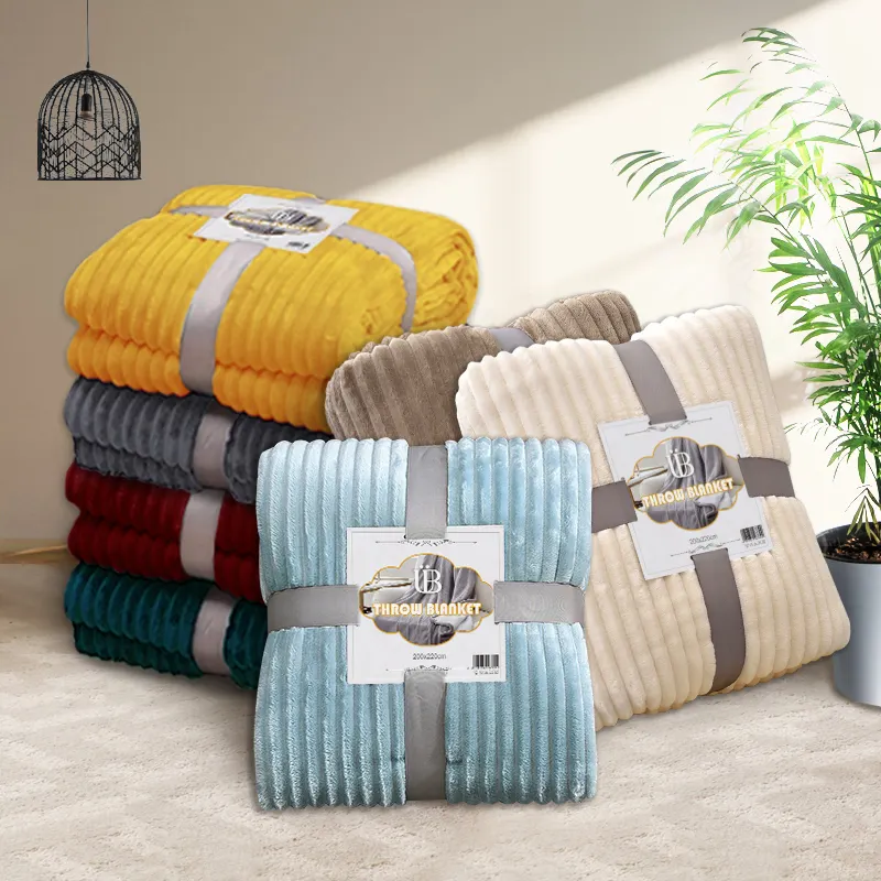 Wholesale Manta Selimut Other Blankets Manufacturers Solid Reversible Stripes Chunky Polyester Plush Bed Throw Blanket Fleece
