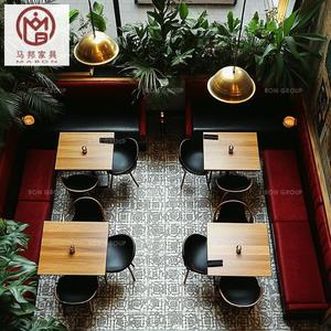 Juego de muebles de mesa y silla de sofá para restaurante comercial de cafetería De cuero curvo de madera maciza cuadrada de terciopelo rojo de lujo - Product Image 6