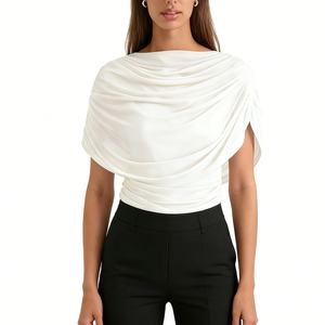 Women's Draped Sheer Mesh Overlay <b>Top</b> Ruched Waist Fitted Blouse Shirt Fashion - Product Image 4