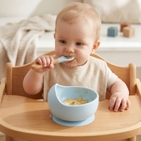 Ensemble de vaisselle pour bébé 2 en 1 : bol à ventouse en silicone profond et cuillère en bois, vaisselle portable pour enfants pour les voyages et la garderie