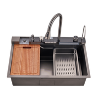 Fregadero de Cocina de Acero Inoxidable 304 Hecho a Mano, Lavador de Tazas Automático de Una Pieza, Pantalla Digital Tipo Piano, Grifo de Doble Cascada, Nano Negro