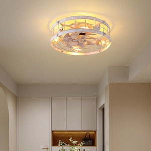 Ventilateur de plafond silencieux à profil bas avec moteur CC à 7 pales, style design industriel rétro, télécommande à 6 vitesses, lumière LED, fer, <30 dB, hôtel - Product Image 1