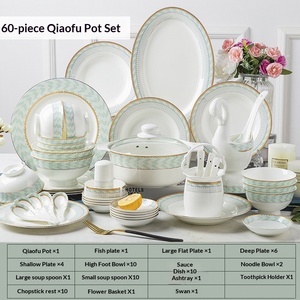 Conjunto de Louças de Cerâmica Chinesa Moderna Pintada à Mão com Fio Dourado para Natal 56 Peças para Uso em Casa e Restaurante - Product Image 6