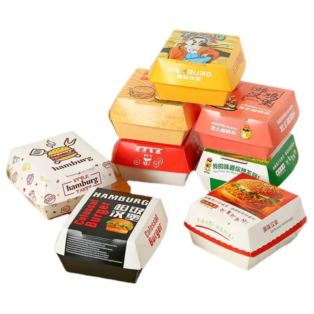 Биоразлагаемые коробки для еды, упаковка для еды, коробка для гамбургеров, коробка для закусок, квадратный картофель фри, жареные куриные наггетсы, картонная бумага
