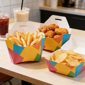Colorful Self-Erecting Food <b>Boxes</b> with Handle Four-Color Printing Disposable Paperboard Rectangle Packaging for Snacks and Meals - Product Image 2