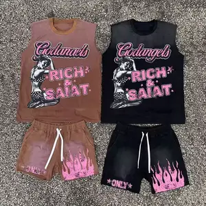 Sıcak satış Streetwear Mens kısa setleri özel Logo asit-yıkanmış Vintage boy tankı üst ve şortlar iki parçalı Set