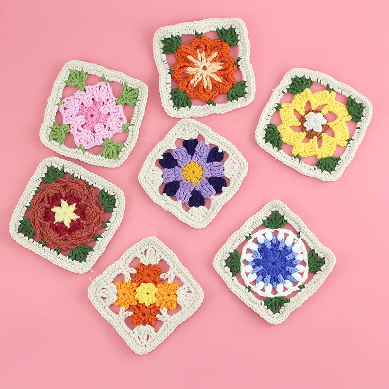 Pabrik grosir DIY Crochet Doilies Multicolor coaster Square Table mat dekorasi buatan tangan Crochet Cup Pad 9cm pakaian wol