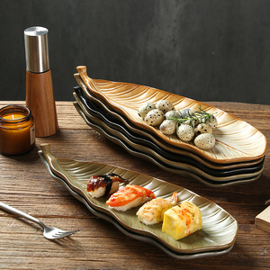 Plats de service en porcelaine, rétro, en forme de feuille, en céramique rustique, longs, pour sushis japonais, grands plateaux de service pour recevoir - Product Image 6