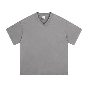 เสื้อยืดแนวสตรีทคอวีแนวย้อนยุคสำหรับคู่รักใส่ได้ทั้งชายและหญิงดีไซน์วินเทจย้อมสีขี้ผึ้ง - Product Image 1