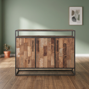 Armoire industrielle vintage en bois de manguier massif à 3 portes, réglable, écologique, durable, pour salon d'appartement - Product Image 2