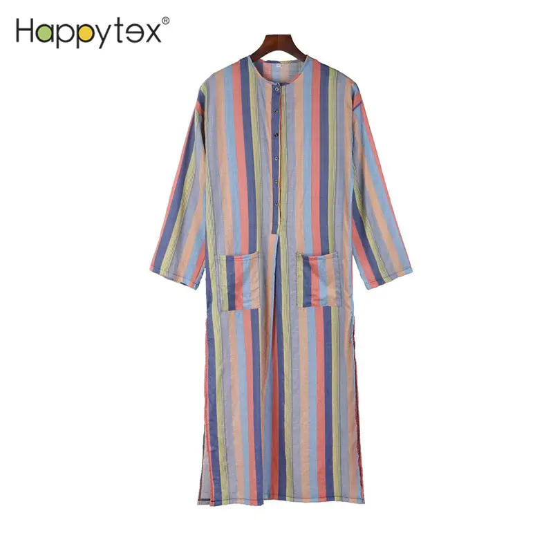 ผ้าฝ้ายผู้ชายที่มีสีสันการพิมพ์ลาย Kaftan คําปุ่มแขนยาวหลวม Tuic ท็อปส์มุสลิมผู้ชาย Robe สําหรับตะวันออกกลางคํา