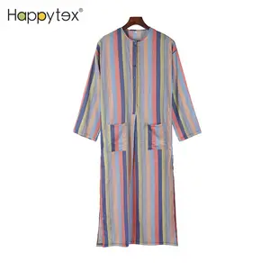 Cotton Men's Colourful Printing Striped Kaftan Arabic Buttons Long Sleeve Loose Tuic Tops Muslim Men Robe For Middle East Arabic