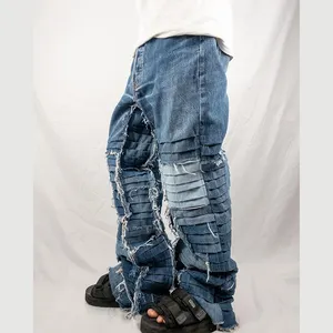 DiZNEW טרנד רטרו פופולרי בסגנון שחבור במצוקה עיצוב ג'ינס ישר