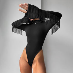 Combinaison noire à franges pour femmes, manches longues, col haut, sexy, moulante, vêtements de club - Product Image 3