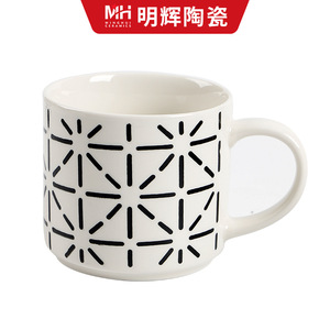 Ceramic <b>Mug</b> 401-500ml Large Capacity White Grid Dot Pattern Home Use Coffee Milk Cup <b>Stackable</b> Hand Painted - Product Image 4