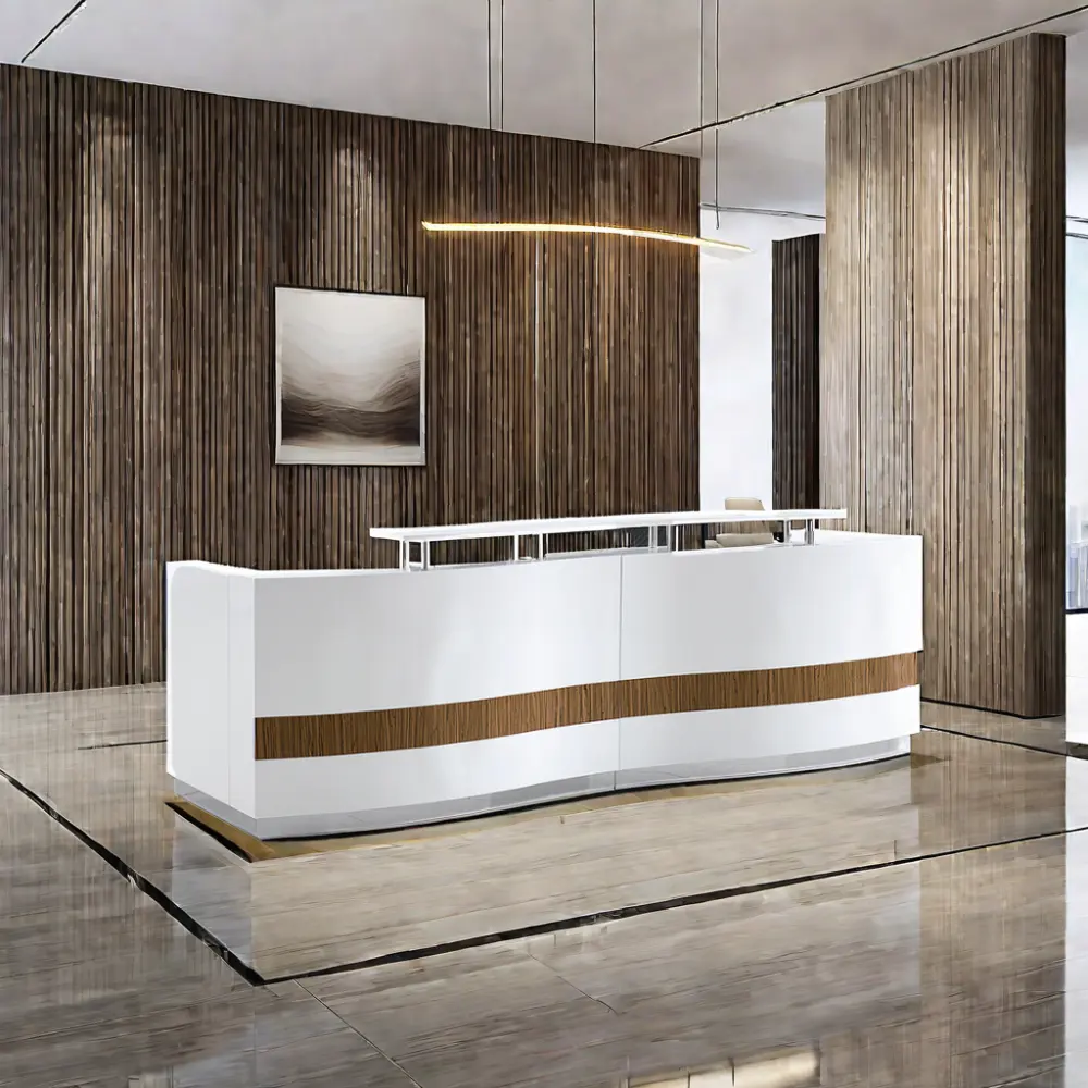 Banco della Reception bianco personalizzato con parte anteriore laccato per azienda Bar salone di bellezza cassa scuola di formazione bancone