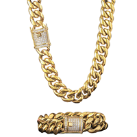 BESXL0342 Ensemble collier et bracelet en acier inoxydable 14 mm avec fermoir glacé doré, bracelet cubain argenté pour hommes, idéal pour les soirées