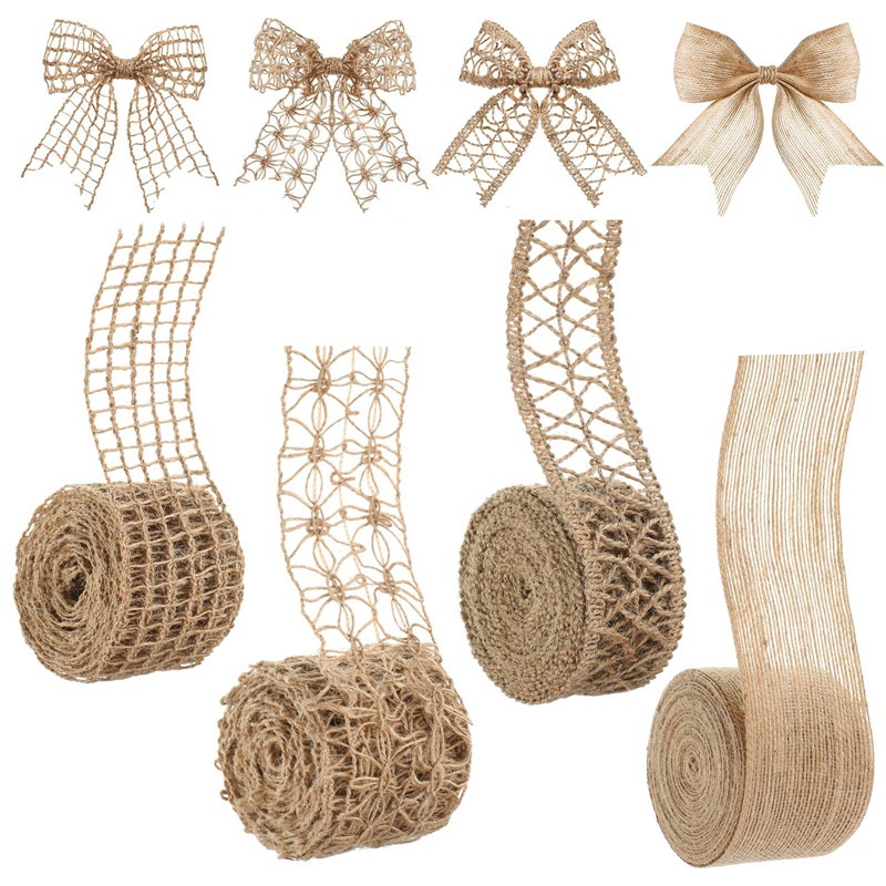 Eco-friendly Jute Webbing Floral Grosgrain Ribbon Christmas Gift Packaging Hand-Woven Natural Color 2m