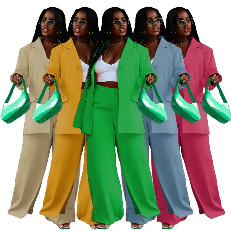 Women Fall Sets 2022 Long Sleeve Women's Suit Button Solid Color Business Wide Leg Pants Blazer Office Career Wear Women's Suits