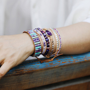 Natural Stone <b>Beaded</b> <b>Bracelet</b> Turquoise Purple Pattern Genuine Leather Rope Wrapped Unisex Jewelry Gift - Product Image 2