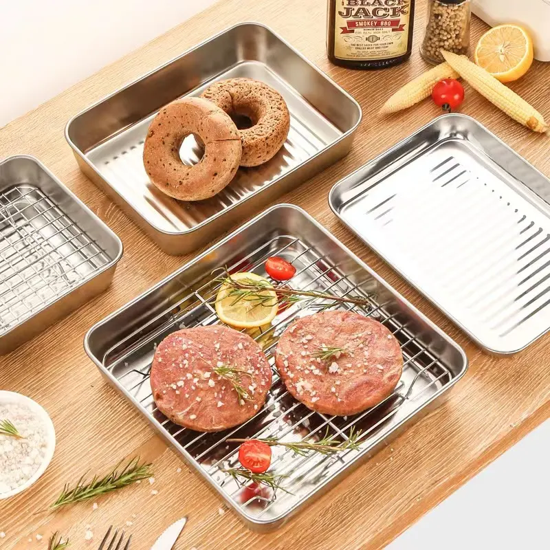 Rectangular Kitchen Grill Oven Draining Oil BBQ Plate Cooling Grid Rack Baking Trays Pan Stainless Steel Rack Set Baking