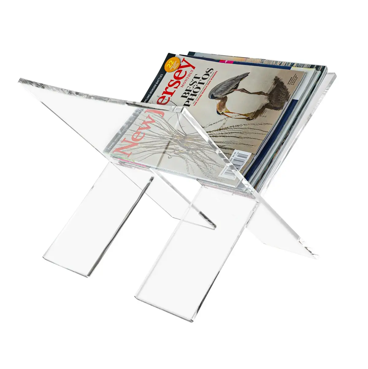 Estante plegable de acrílico para revistas, soporte para revistas ensamblado en forma de X, soporte transparente para revistas de acrílico